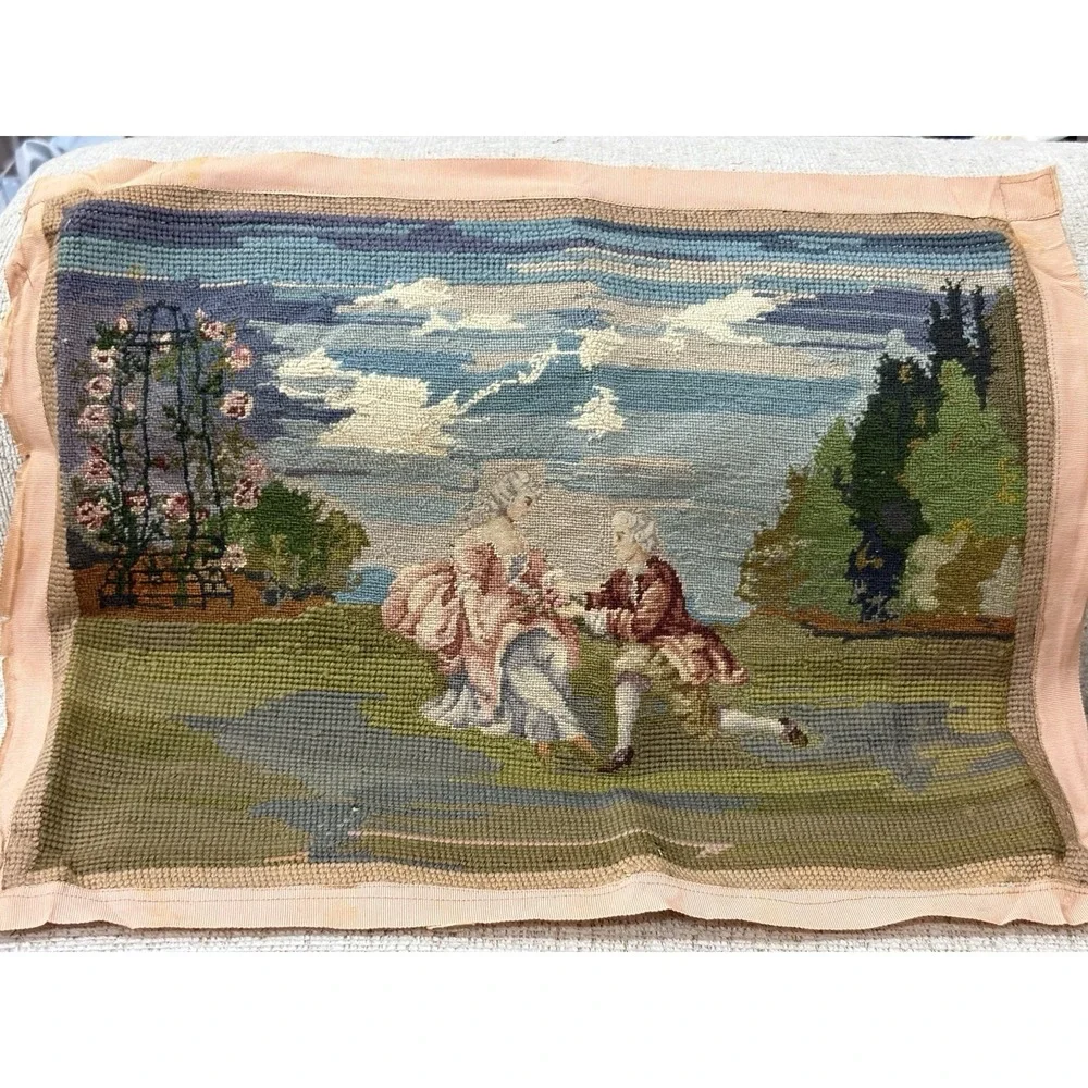 Vintage Hand Needlepoint Tapestry Romantic‎ Courting Couple Wall Panel Unframed